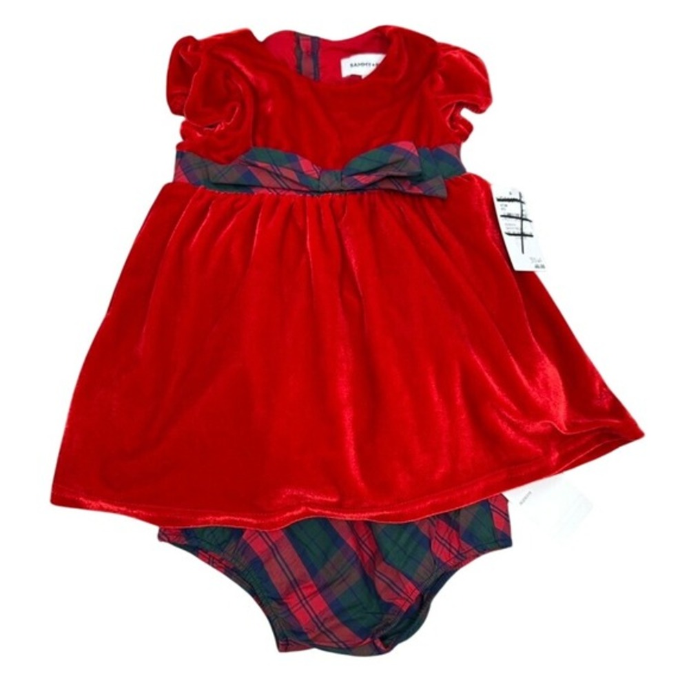 Sammy + Nat Baby Girls Red Velvet Christmas‎ Dress Outfit 6/12M Plaid Bow NWT